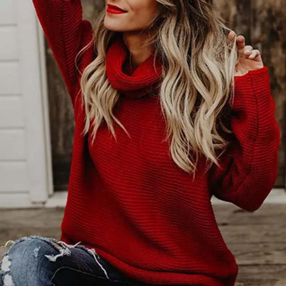 Red cowl neck women sweater pullover